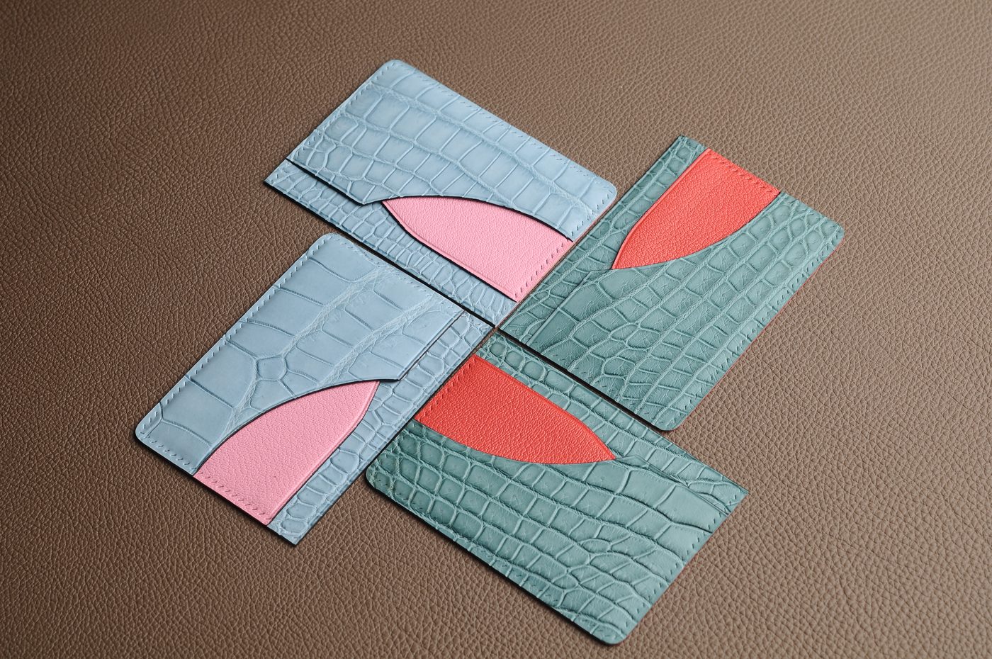 Colorful custom card holders in blue, pink and red leather