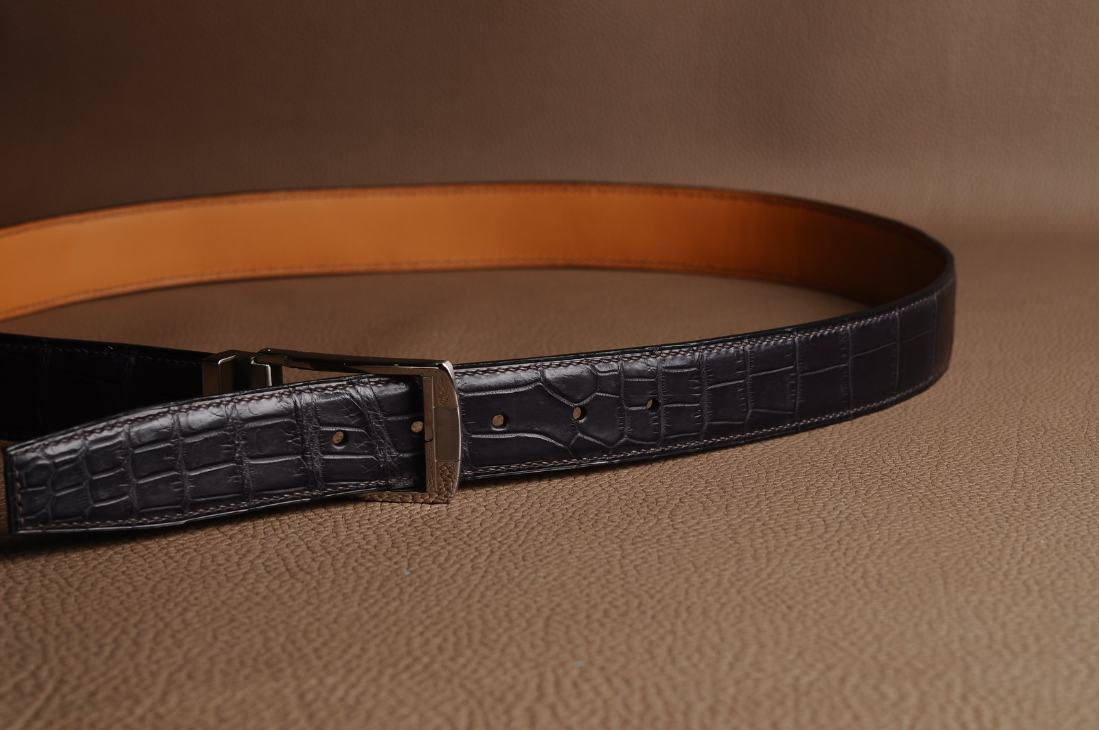 Custom black crocodile leather belt with silver buckle